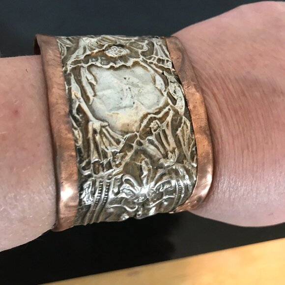 Antique Victorian Sterling Silver Green Man Copper Cuff 925 Bracelet Art nouveau - Picture 6 of 8